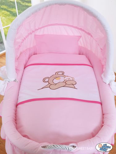 Moses Basket/Wicker crib with hood- Teddy Bear Barnaba pink