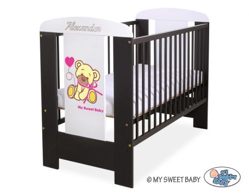 Wooden baby cot 120x60cm teddy bear with a bow pink-brown