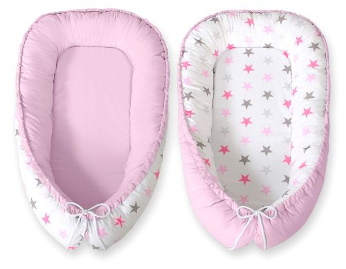 Baby nest double-sided Premium Cocoon for infants BOBONO- gray-pink stars/ gray