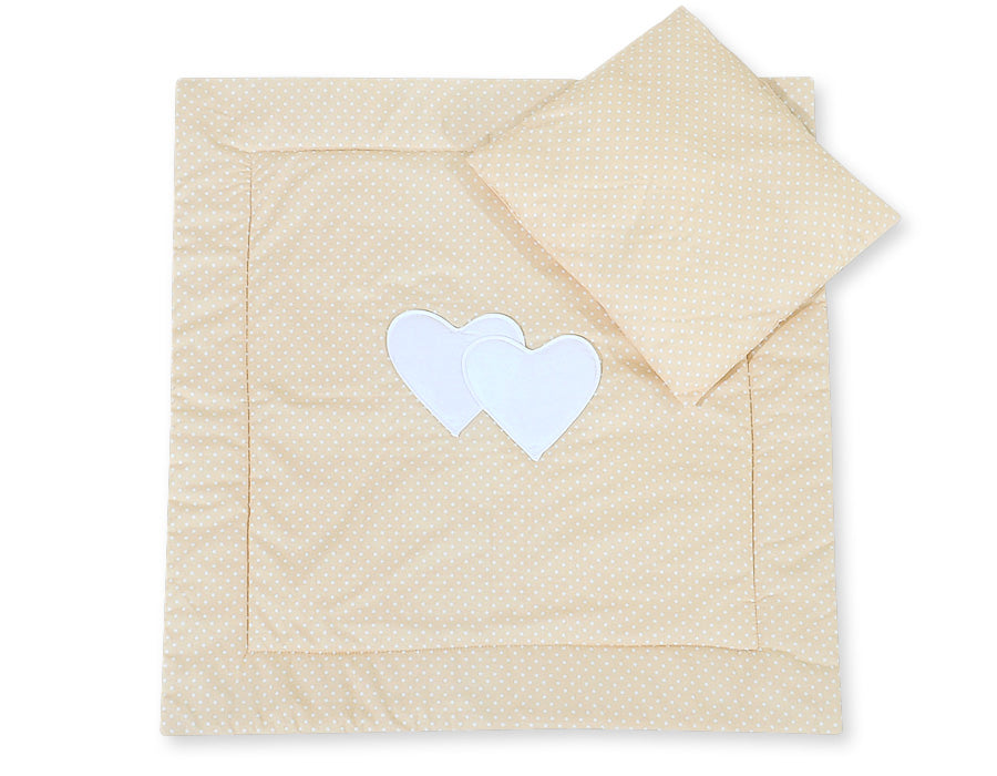 Pram bedding set with duvet and pillow 2pcs - Hearts white polka dots on beige