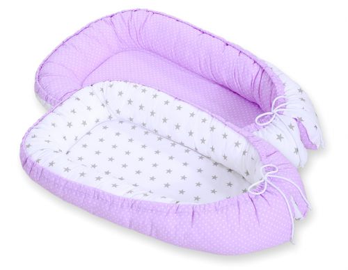 Baby nest double-sided Premium Cocoon for infants BOBONO- white polka dotd on lilac/ grey stars
