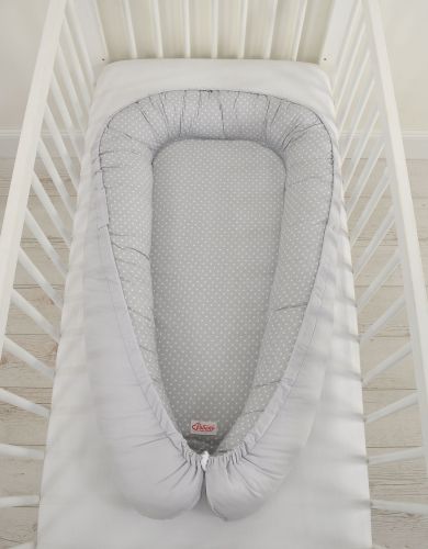 Baby nest double-sided Premium Cocoon for infants BOBONO- white polka dots on grey/grey