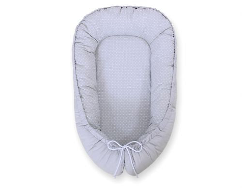 Baby nest double-sided Premium Cocoon for infants BOBONO- white polka dots on grey/grey