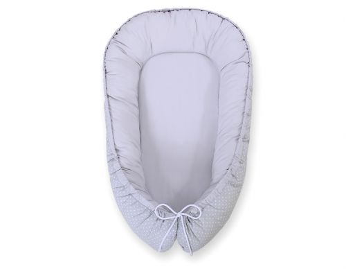 Baby nest double-sided Premium Cocoon for infants BOBONO- white polka dots on grey/grey