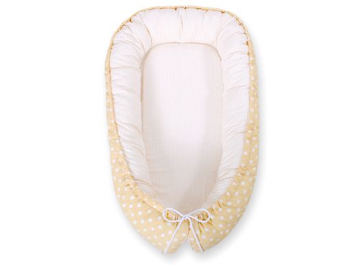 Baby nest double-sided Premium Cocoon for infants BOBONO- white dots on beige/ beige strips