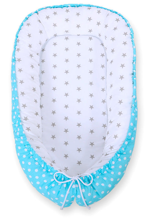 Baby nest double-sided Premium Cocoon for infants BOBONO- white dots/ grey stars