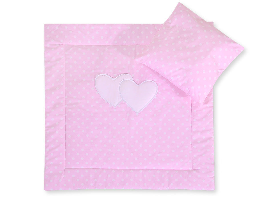 Pram bedding set with duvet and pillow 2pcs - Hearts white dots on pink