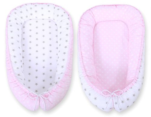 Baby nest double-sided Premium Cocoon for infants BOBONO- dots on pink/ grey stars
