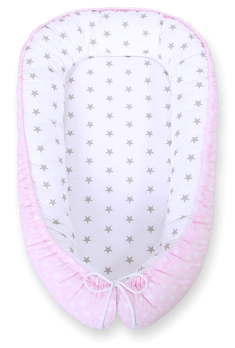 Baby nest double-sided Premium Cocoon for infants BOBONO- dots on pink/ grey stars