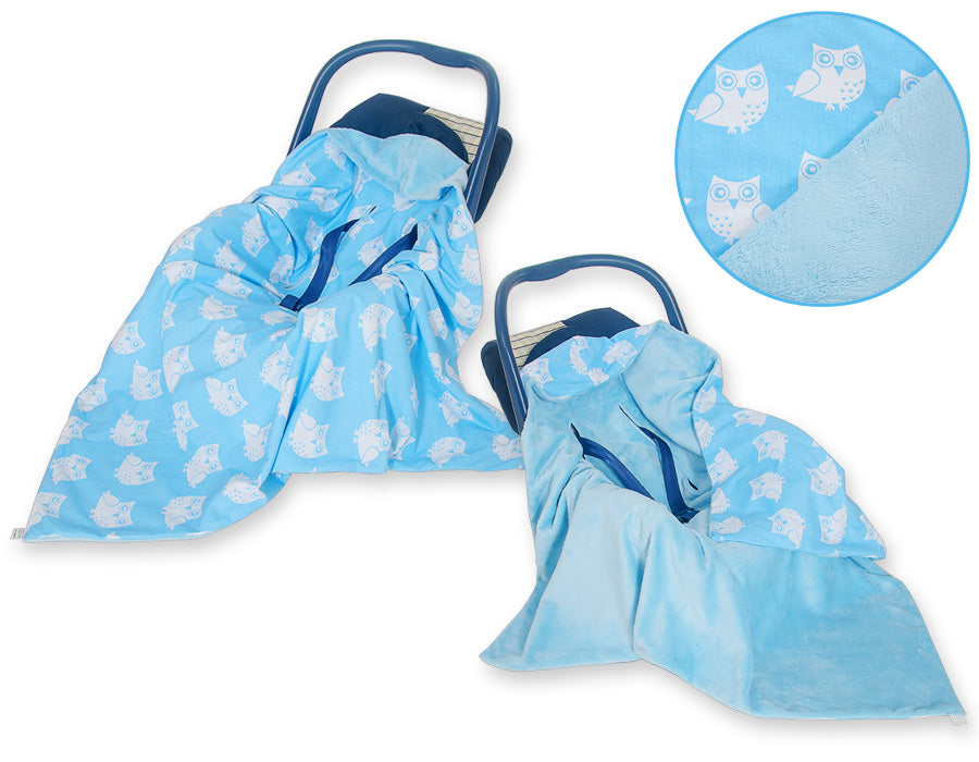 Big double-sided car seat blanket  for babies - Owls blue