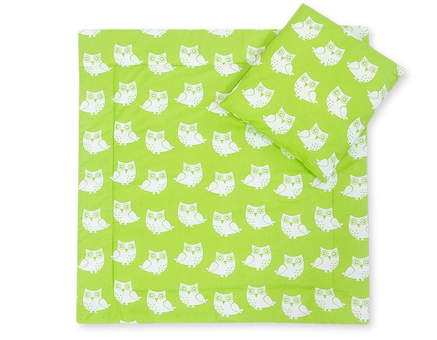 Pram bedding set with duvet and pillow 2pcs - Owls on green