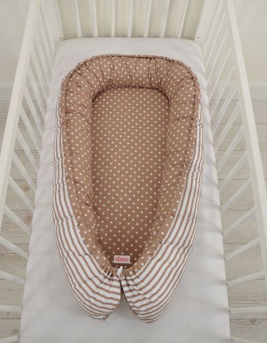 Baby nest double-sided Premium Cocoon for infants BOBONO- dots on brown/ strips