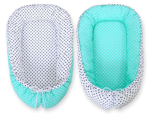 Baby nest double-sided Premium Cocoon for infants BOBONO - black dots white dots on mint