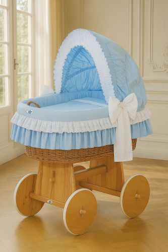 Moses Basket Wicker hood crib Bellamy - natural + blue bedding