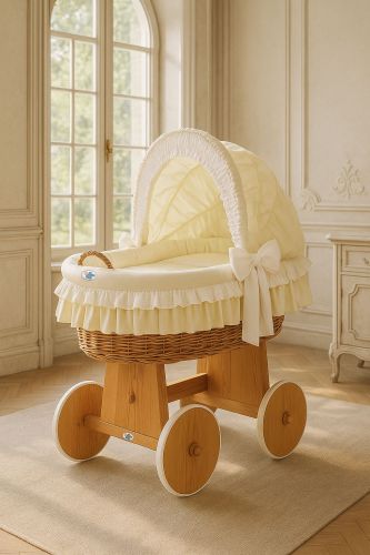 Moses Basket Wicker hood crib Bellamy - natural + cream bedding