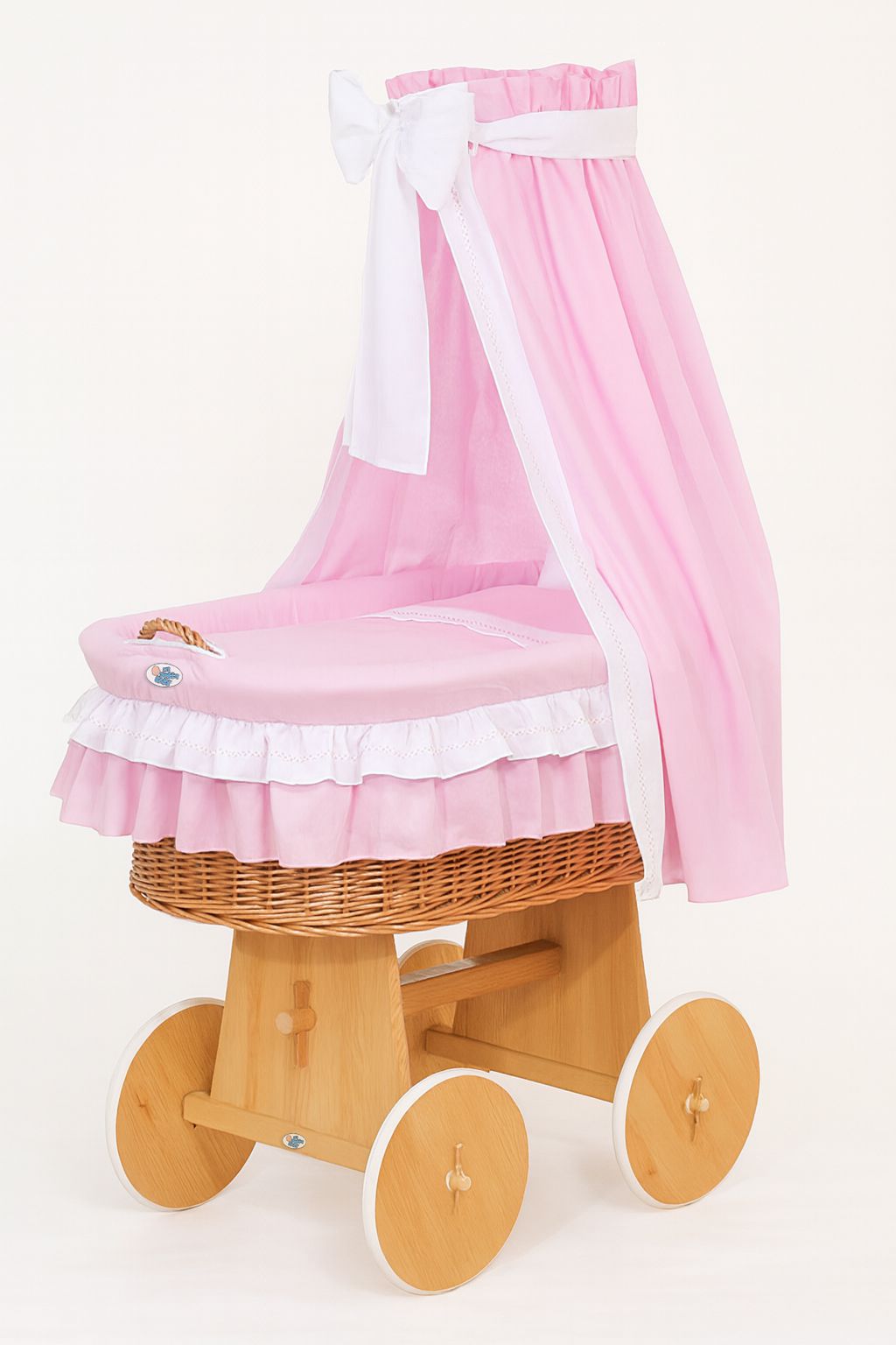 Moses Basket Wicker drape crib Bellamy - natural + pink bedding