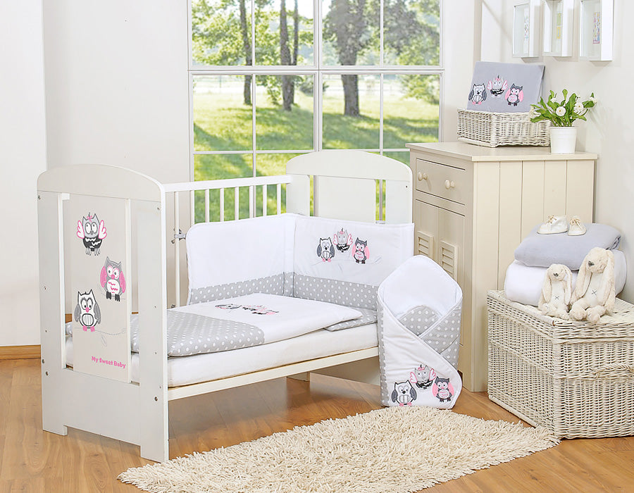 Baby bedding set 120x90 cm with bumper 3-pcs Grey Owls with grey and pink embroidery