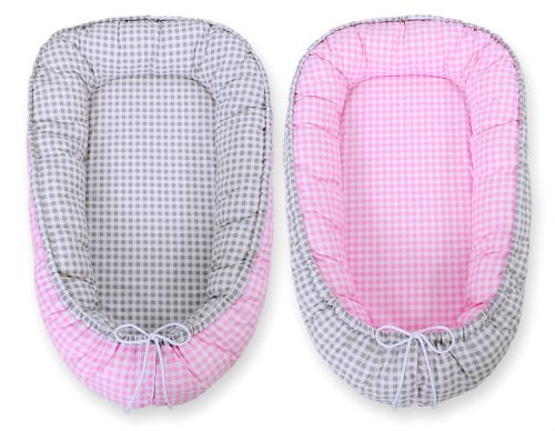 Baby nest double-sided Premium Cocoon for infants BOBONO- grey checkered/ pink checkered