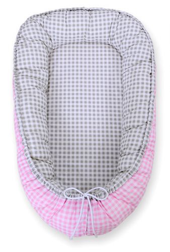 Baby nest double-sided Premium Cocoon for infants BOBONO- grey checkered/ pink checkered