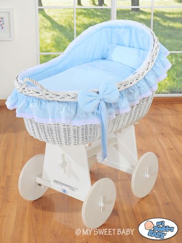 Moses Basket Wicker hood crib Carina - white + blue bedding