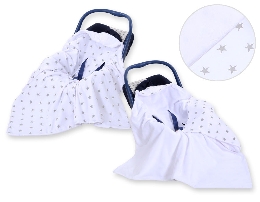 Big double-sided car seat blanket for babies - Grey stars on white