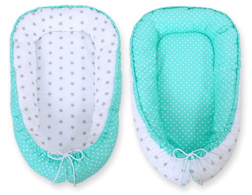 Baby nest double-sided Premium Cocoon for infants BOBONO- grey stars/ dots on mint