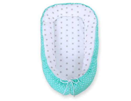 Baby nest double-sided Premium Cocoon for infants BOBONO- grey stars/ dots on mint