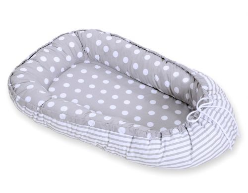 Baby nest double-sided Premium Cocoon for infants BOBONO- dots on grey/ grey strips