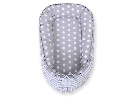 Baby nest double-sided Premium Cocoon for infants BOBONO- dots on grey/ grey strips