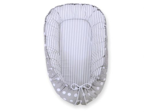 Baby nest double-sided Premium Cocoon for infants BOBONO- dots on grey/ grey strips