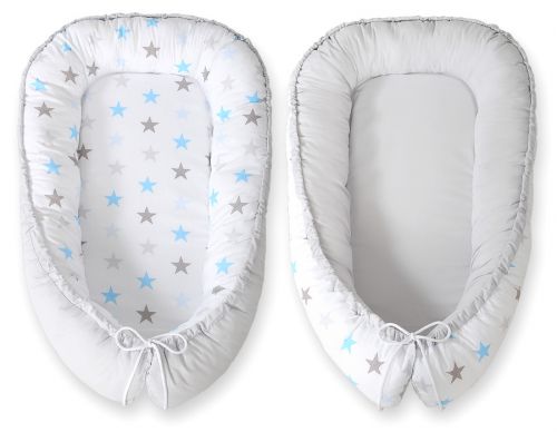 Baby nest double-sided Premium Cocoon for infants BOBONO- stars blue-grey/grey