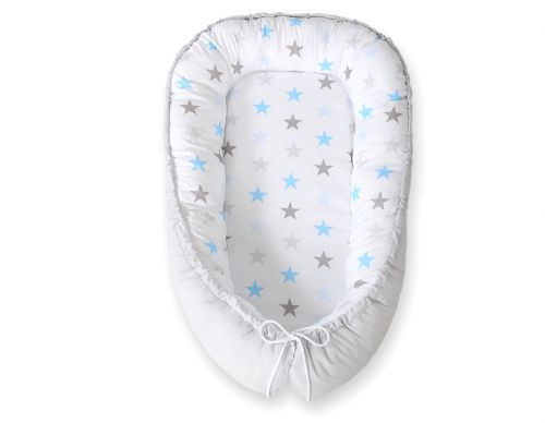 Baby nest double-sided Premium Cocoon for infants BOBONO- stars blue-grey/grey