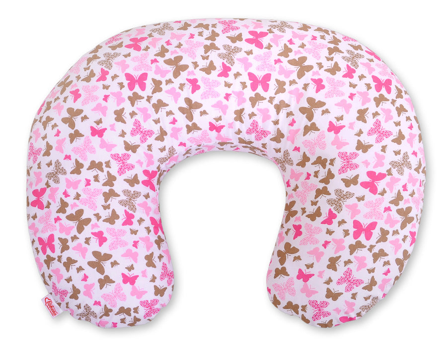 Breastfeeding Pillow Nursing Croissant Pillow, removable, Hands-Free Feeding - pink butterflies