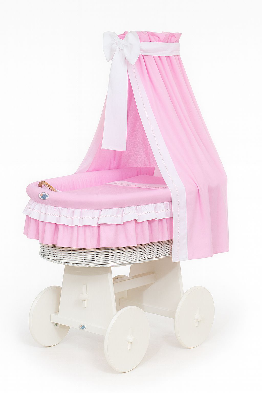 Moses Basket Wicker drape crib Bellamy - white + pink bedding