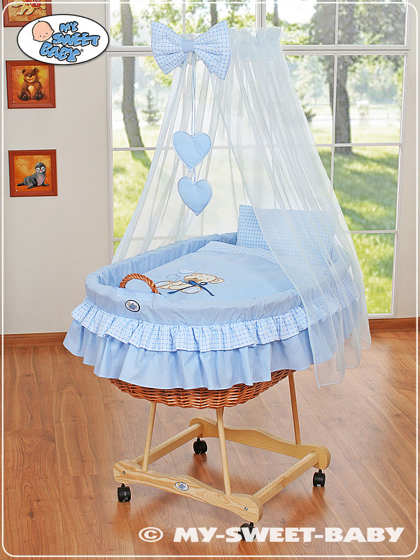 Moses Basket/Wicker drape crib- Bear with bow blue
