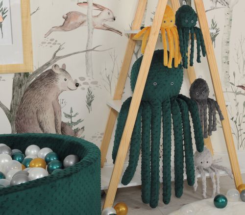 Cuddly octopus with rattle - bottle green - polka dot minky