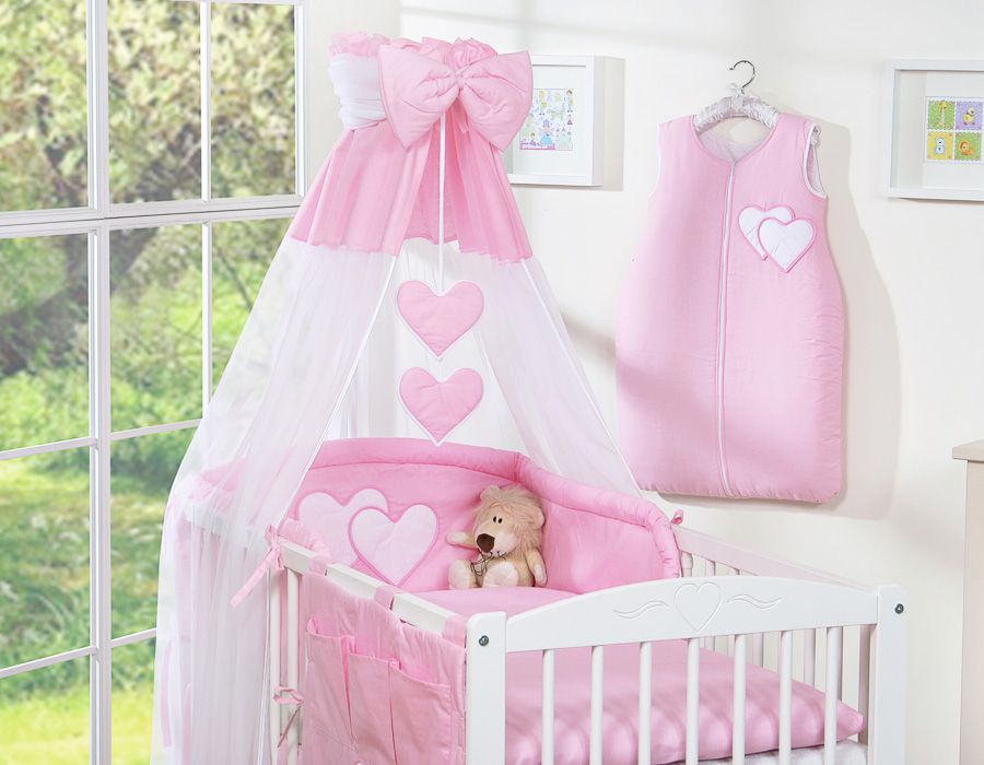 Bedding set 5-pcs 135x100 with canopy - Hanging Hearts pink