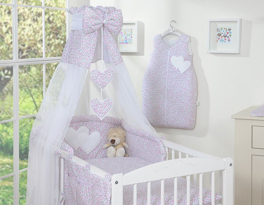 Bedding set 5-pcs 135x100 with canopy - Hanging Hearts little pink flowers