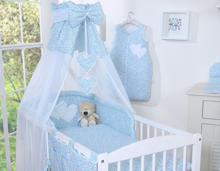 Bedding set 5-pcs 120x90 with canopy - Hanging Hearts little blue flowers