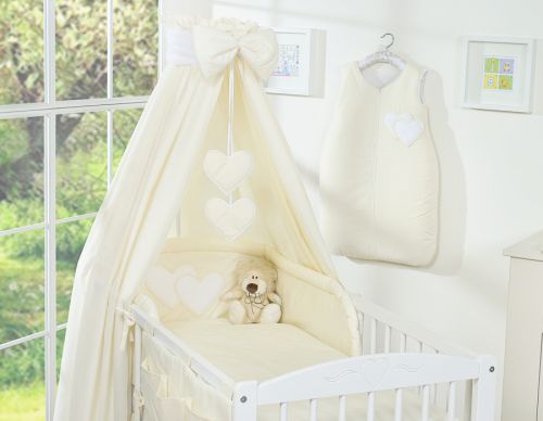 Bedding set 5-pcs 135x100 with canopy - Hanging Hearts cream