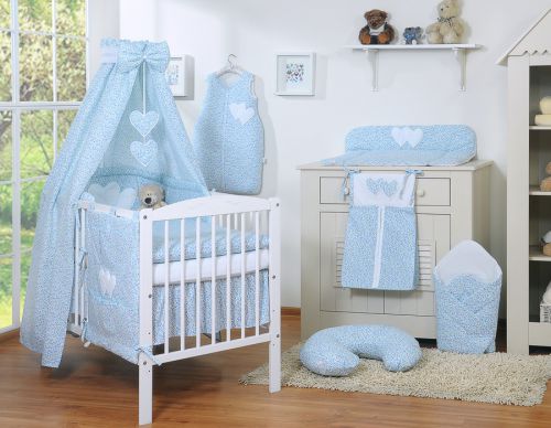 Bedding set 5-pcs 120x90 with canopy - Hanging Hearts little blue flowers