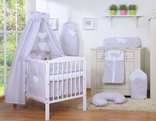 Bedding set 5-pcs 120x90 with canopy - Hanging Hearts little pink flowers