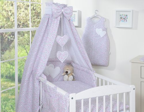 Bedding set 5-pcs 135x100 with canopy - Hanging Hearts little pink flowers
