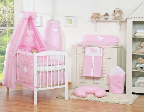 Bedding set 5-pcs 120x90 with canopy - Hanging Hearts pink