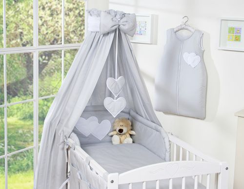 Bedding set 5-pcs 120x90 with canopy - Hanging Hearts grey