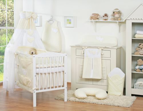 Bedding set 5-pcs 120x90 with canopy - Hanging Hearts cream