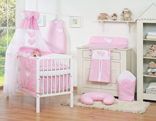 Bedding set 5-pcs 135x100 with canopy - Hanging Hearts pink
