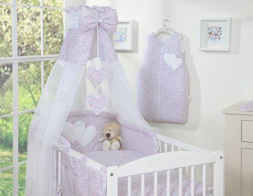 Bedding set 5-pcs 120x90 with canopy - Hanging Hearts little pink flowers