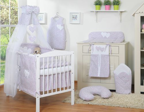 Bedding set 5-pcs 135x100 with canopy - Hanging Hearts little pink flowers