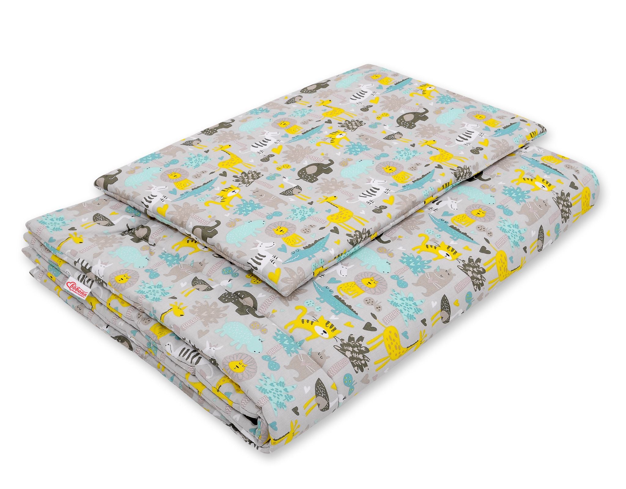 Bedding set 2-pcs with filling 120x90 cm - gray-mint animals